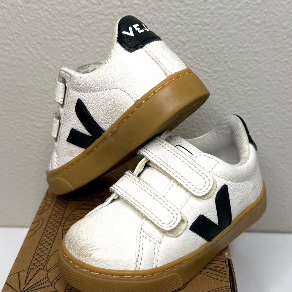 Veja Kids White and Black Sneakers with Tan Soles